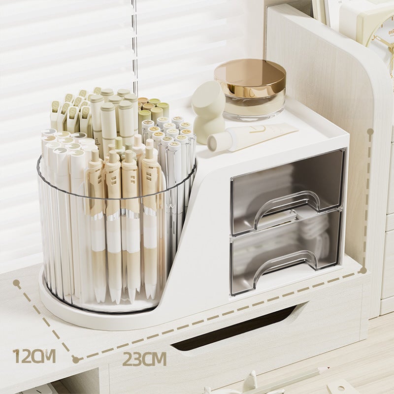 Desktop Storage box drawer-type rotating storage rack makeup brush storage bucket ins rotating pen container compartment storage box(Rotatable storage box-White) - Image 1