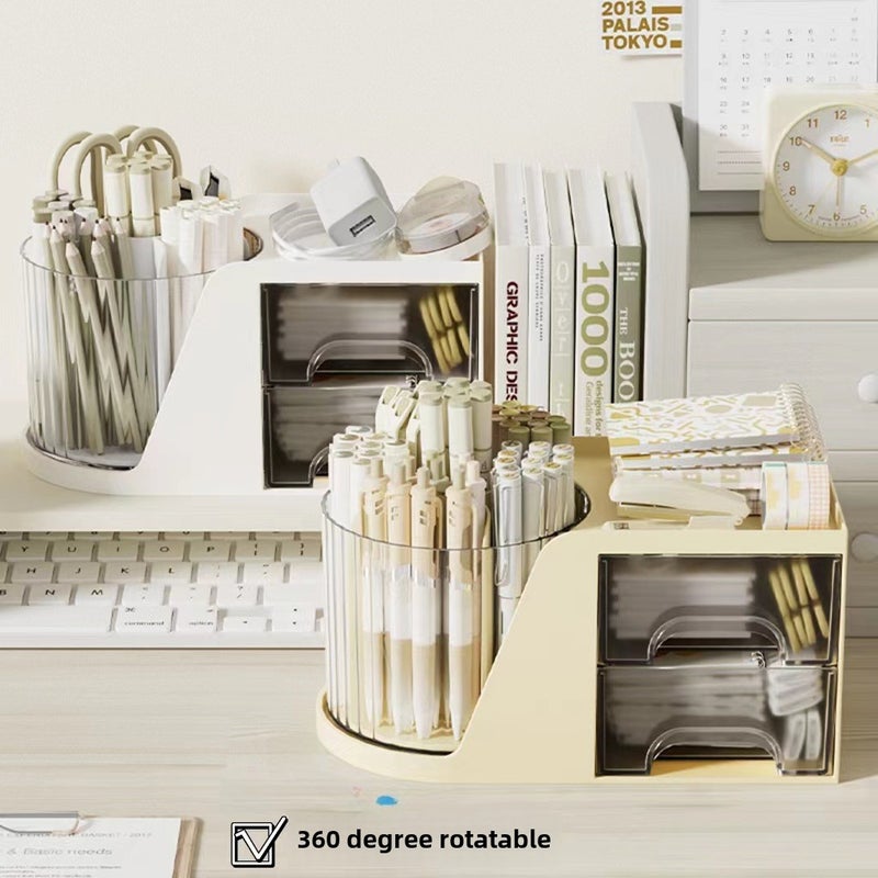 Desktop Storage box drawer-type rotating storage rack makeup brush storage bucket ins rotating pen container compartment storage box(Rotatable storage box-White) - Image 5