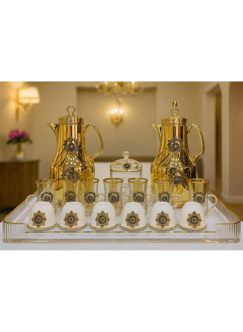 22Pcs Arabic Tea Coffee Set with Tray Gold color 2pieces Thermos, 6 coffee Cups 6 Tea cup with Saucers1 and Sugar Bowl and Tray