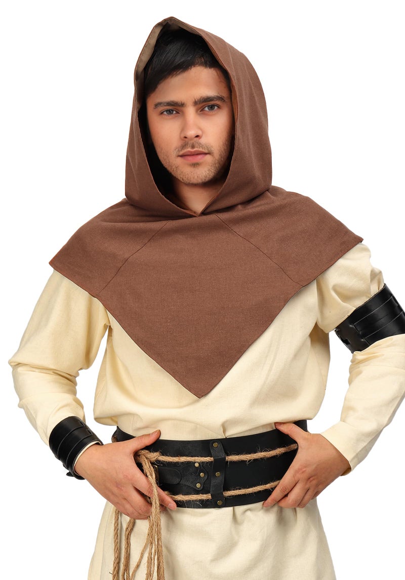PROCOS Medieval Cowl Hat Linen Pointed Hem Hooded Cloak Cosplay Accessory (Brown) - Image 1