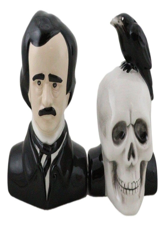 Ebros Gift Gothic Poet Edgar Allen Poe With Black Raven Crow On Skull Decorative Ceramic Salt And Pepper Shakers Figurines Quoth The Raven Nevermore Macabre - Image 1