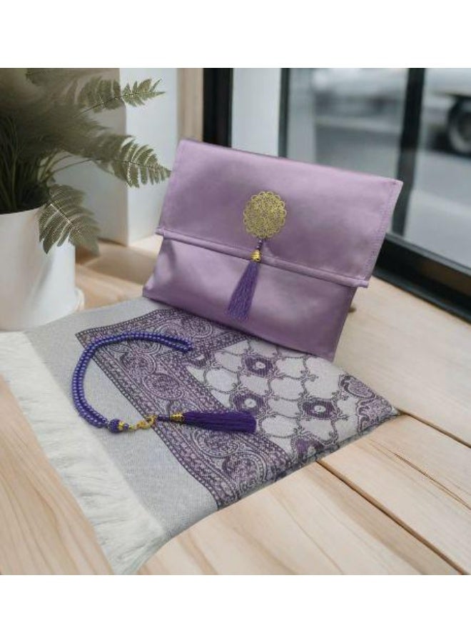 Nadrab Foldable Muslim Prayer Mat Set – 110x70cm – with Beads & Bag – Soft Travel Sajadah – Light Purple - Image 1