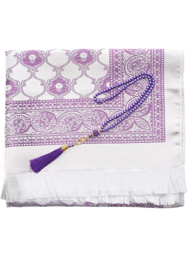 Nadrab Foldable Muslim Prayer Mat Set – 110x70cm – with Beads & Bag – Soft Travel Sajadah – Light Purple - Image 3