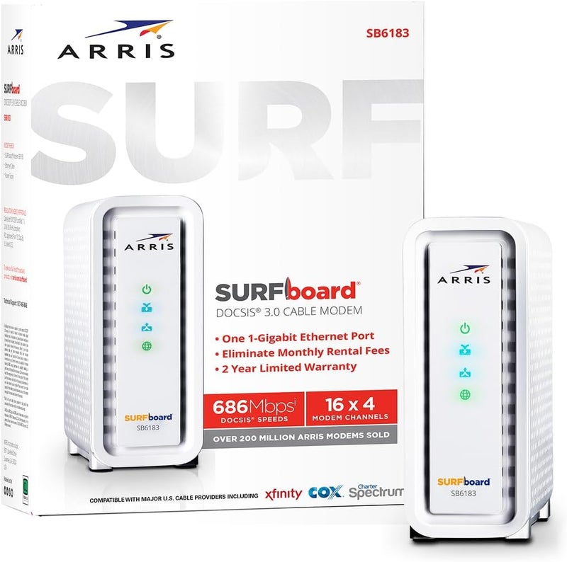 ARRIS (SB6183-RB) مودم كابل - مودم كابل جيجابت سريع DOCSIS 3.0 16x4، لمزودي الإنترنت Comcast Xfinity وCox وSpectrum والمزيد، منفذ 1 جيجابت، سرعة إنترنت قصوى 400 ميجابت في الثانية، ضمان لمدة سنة - مجدد - Image 4