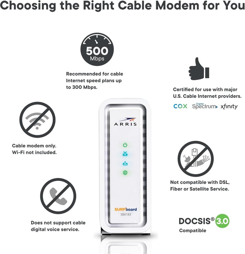 ARRIS (SB6183-RB) مودم كابل - مودم كابل جيجابت سريع DOCSIS 3.0 16x4، لمزودي الإنترنت Comcast Xfinity وCox وSpectrum والمزيد، منفذ 1 جيجابت، سرعة إنترنت قصوى 400 ميجابت في الثانية، ضمان لمدة سنة - مجدد - Image 2