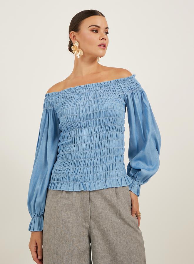 Styli Solid Smocked Off Shoulder Neck Top - Image 1