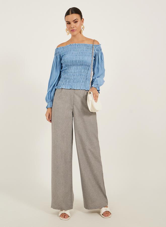 Styli Solid Smocked Off Shoulder Neck Top - Image 2