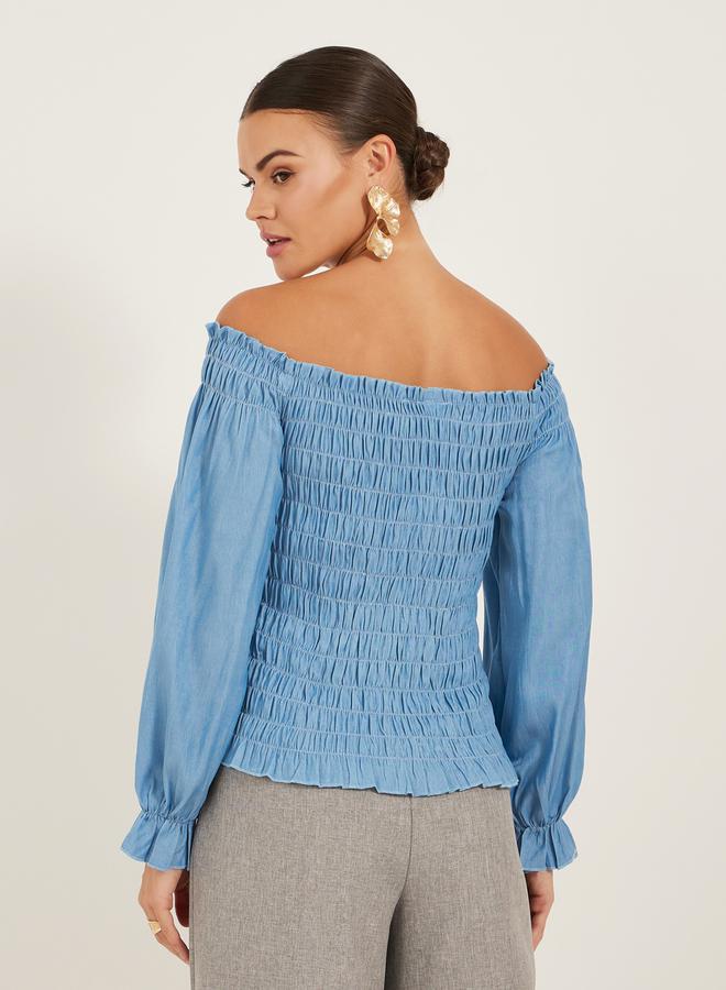 Styli Solid Smocked Off Shoulder Neck Top - Image 5