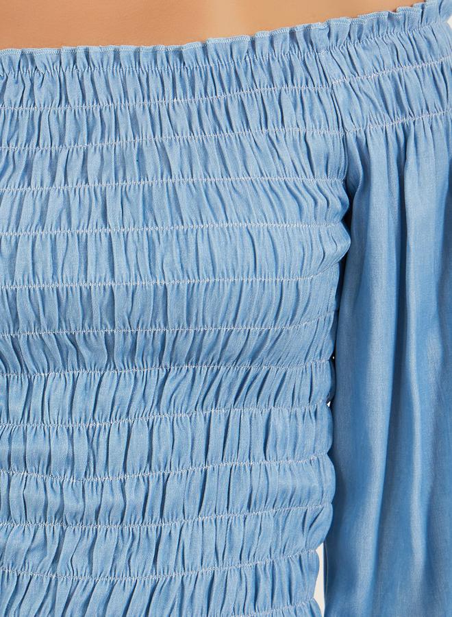 Styli Solid Smocked Off Shoulder Neck Top - Image 4