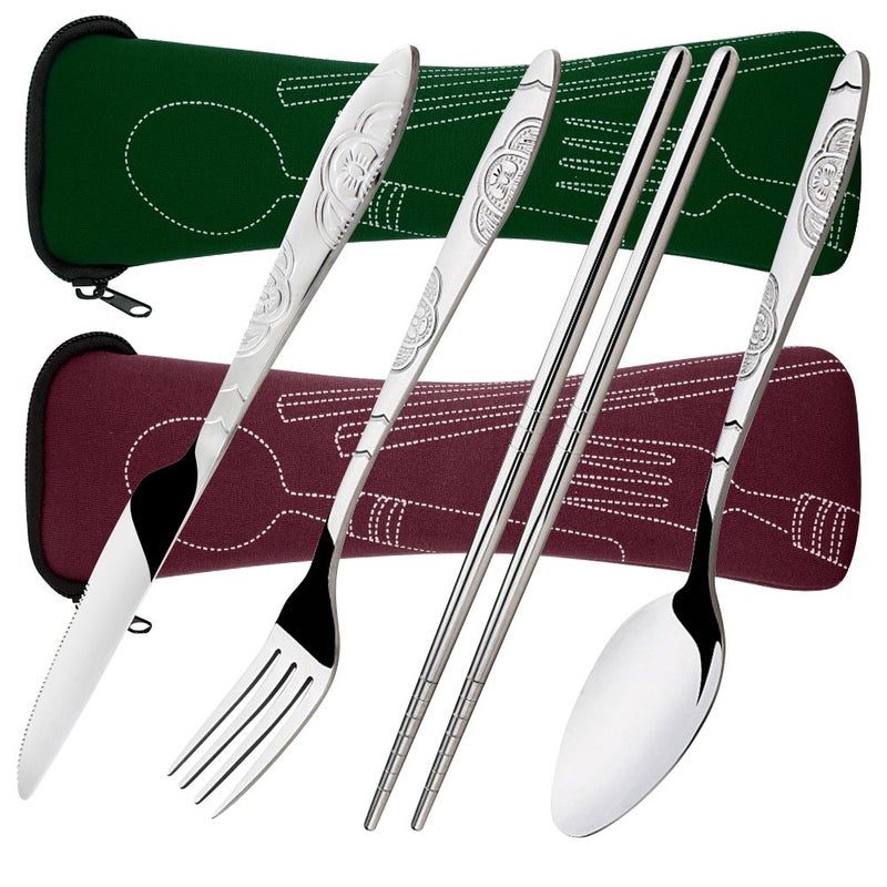 SENHAI 8 Pieces Flatware Sets Knife Fork Spoon Chopsticks SENHAI 2 Pack Rustproof Stainless Steel Tableware Dinnerware with Carrying Case for Traveling Camping Picnic Working HikingRed BrownDark Green - Image 2