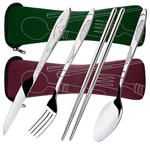 SENHAI 8 Pieces Flatware Sets Knife Fork Spoon Chopsticks SENHAI 2 Pack Rustproof Stainless Steel Tableware Dinnerware with Carrying Case for Traveling Camping Picnic Working HikingRed BrownDark Green - Image 1