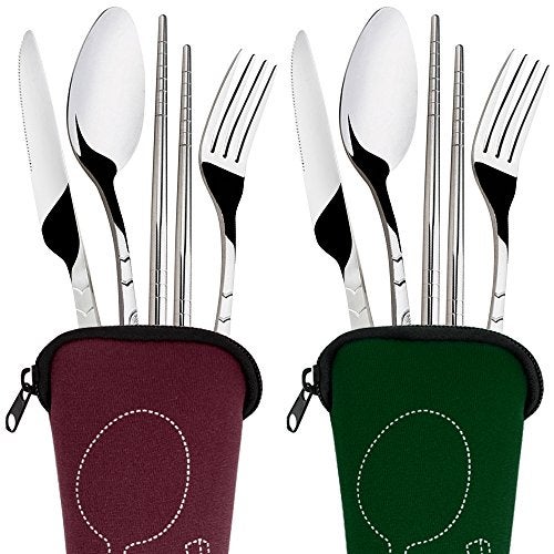 SENHAI 8 Pieces Flatware Sets Knife Fork Spoon Chopsticks SENHAI 2 Pack Rustproof Stainless Steel Tableware Dinnerware with Carrying Case for Traveling Camping Picnic Working HikingRed BrownDark Green - Image 3