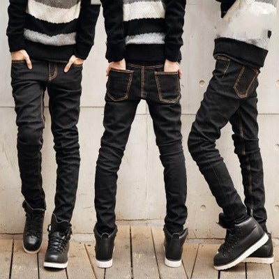 Spring and Summer 2019 Thin Elastic Mens Jeans Mens Casual Black Pants Students Korean-style Trendy Black Leggings Slim-fit black and yellow line 