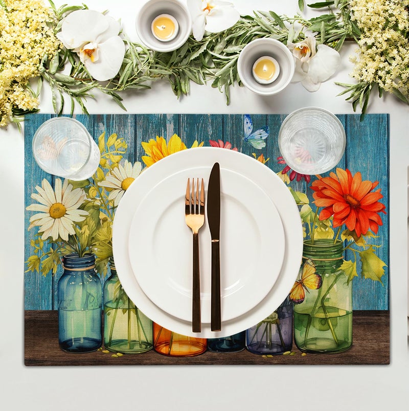 Wnoesat Rustic Daisy Placemats Set of 4 Vintage Flower Vases Wood Grain Linen Table Mats 12x18 Inch Summer Floral Wooden Board Farmhouse Washable Place Mat for Party Kitchen Dining Outdoor Indoor Decor - Image 3