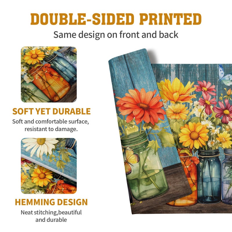 Wnoesat Rustic Daisy Placemats Set of 4 Vintage Flower Vases Wood Grain Linen Table Mats 12x18 Inch Summer Floral Wooden Board Farmhouse Washable Place Mat for Party Kitchen Dining Outdoor Indoor Decor - Image 5