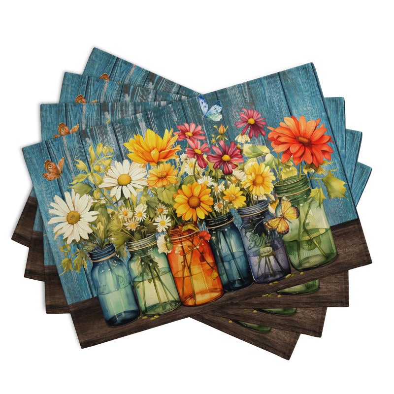 Wnoesat Rustic Daisy Placemats Set of 4 Vintage Flower Vases Wood Grain Linen Table Mats 12x18 Inch Summer Floral Wooden Board Farmhouse Washable Place Mat for Party Kitchen Dining Outdoor Indoor Decor - Image 2