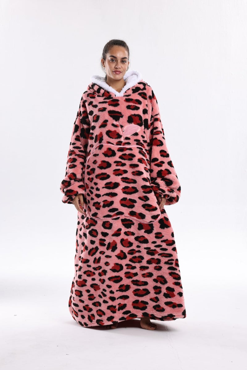 Capecage Wearable Blanket, Long Blanket Hoodie as Gifts for Women Men, Long Hooded Blanket for Men Women Blanket Hoodies (Pink Leopard Print) - Image 1