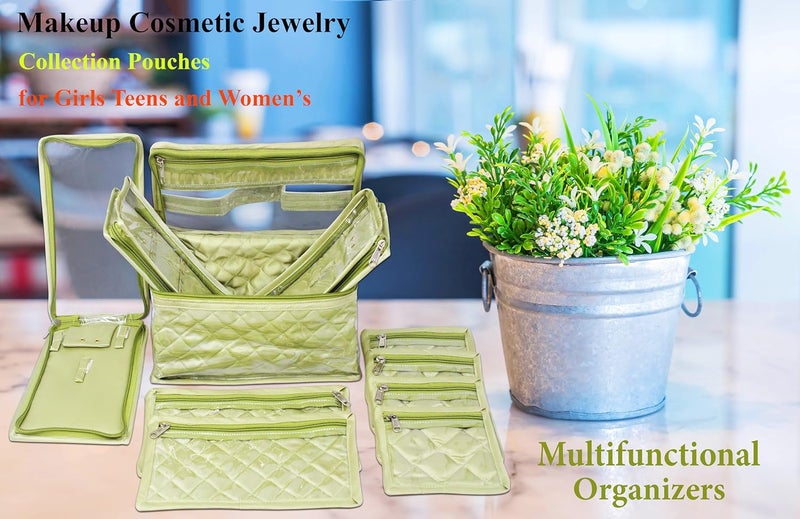 atorakushon Satin WomenS MakeUp Jewellery Organizer For Jhumka Pendant Necklace Zipper Pouches Ring Earring Tops Studs Travelling Kit With 9 Pouch Bag Case PistaGreen - Image 2
