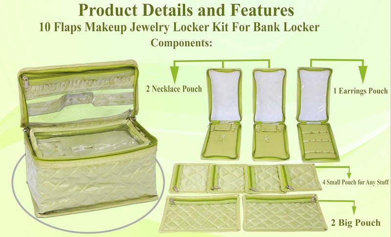 atorakushon Satin WomenS MakeUp Jewellery Organizer For Jhumka Pendant Necklace Zipper Pouches Ring Earring Tops Studs Travelling Kit With 9 Pouch Bag Case PistaGreen - Image 5