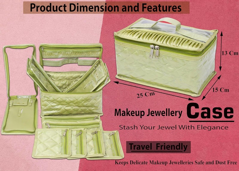 atorakushon Satin WomenS MakeUp Jewellery Organizer For Jhumka Pendant Necklace Zipper Pouches Ring Earring Tops Studs Travelling Kit With 9 Pouch Bag Case PistaGreen - Image 4