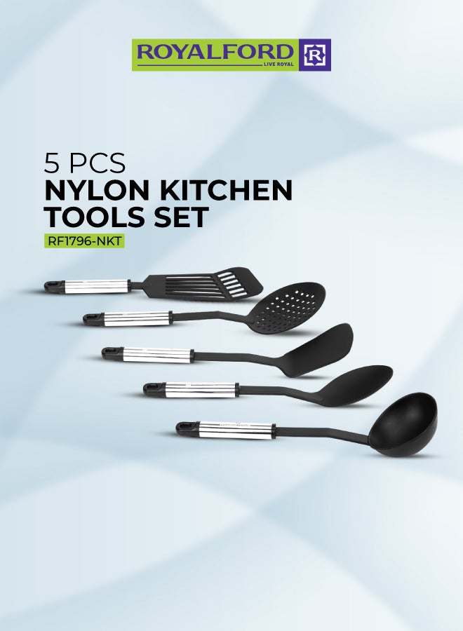 Royalford 5Pieces Nylon Kitchen Tools Set Dishwasher Safe Premium Quality Food Grade Nylon Sturdy Handles With Ss Grip Heat Resistant Upto 210掳C 40O掳F Black With Silver Handle - Image 1
