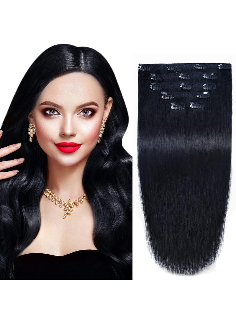 BHF HAIR - 18Clip in Remy Human Hair Extensions Double Weft Thick to Ends Jet Black1 6pieces 70Grams245oz - Image 1