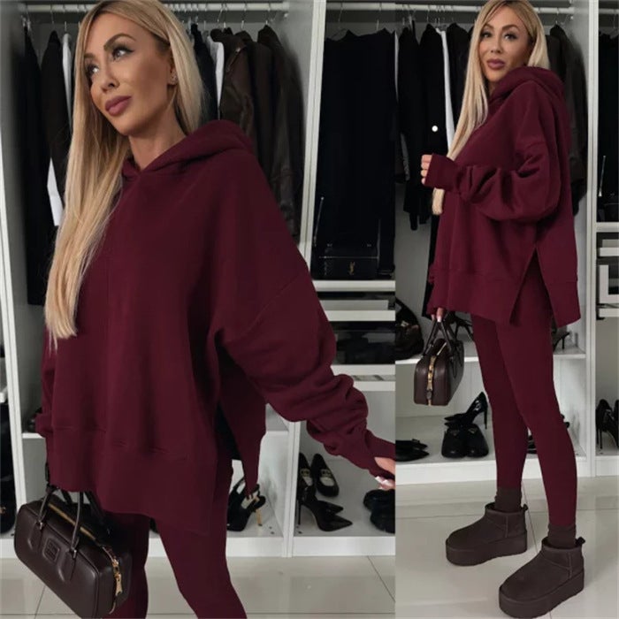 Fall/winter 2024 new Amazon Europe and the United States cross-border womens casual loose solid color printed hooded suit Amazon personalized model! 280g sweatshirt fabric!