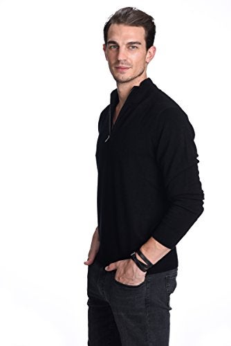 State Cashmere Men's Half Zip Mock Neck Sweater 100% Pure Cashmere Polo Neck Pullover (Black, Medium) - Image 2