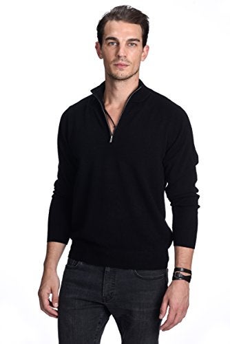 State Cashmere Men's Half Zip Mock Neck Sweater 100% Pure Cashmere Polo Neck Pullover (Black, Medium) - Image 1