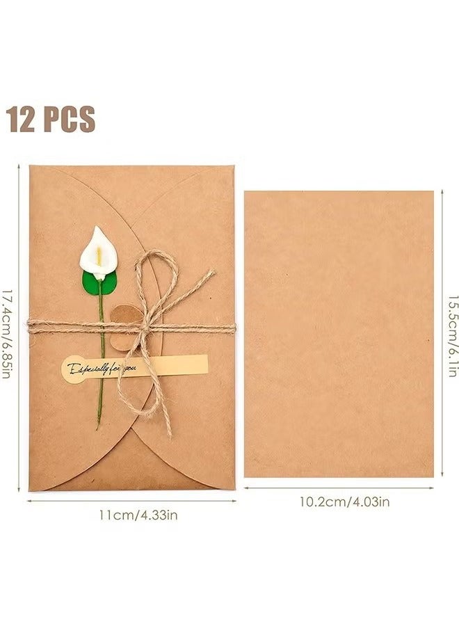 12 Packs Dried Flowers Greeting Card with Envelopes, Brown Retro Kraft Holiday Gift Card, DIY Invitation Wish Card Note Card Thank You Card for Birthday - Image 3