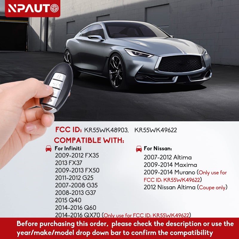 NPAUTO Key Fob Replacement Fits for Nissan Altima 2007-2012, Maxima Murano 09-14, Infiniti G25 G35 G37 FX35 Q60 & More Keyless Entry Remote Control Smart Proximity Car Key Fobs KR55WK48903 KR55WK49622 - Image 3