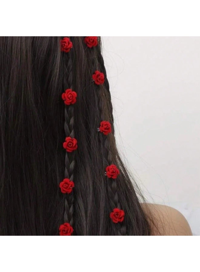 10PCS Red Rose Flower Mini Hair Clips - Image 1