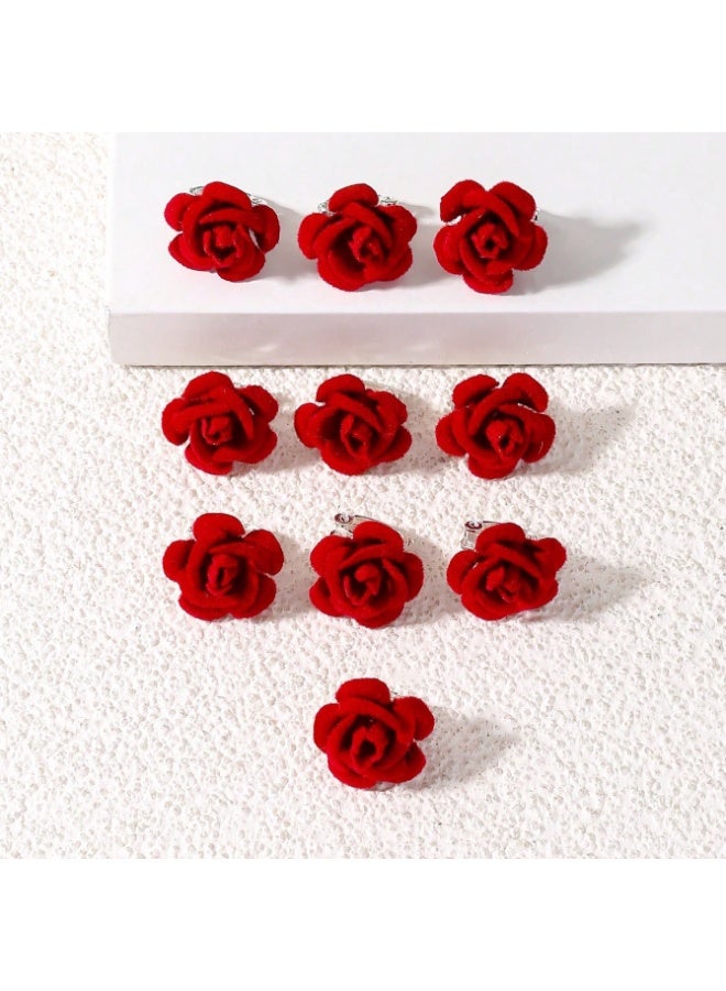 10PCS Red Rose Flower Mini Hair Clips - Image 3