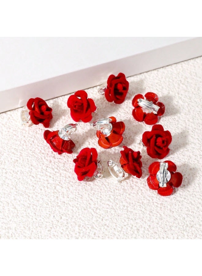 10PCS Red Rose Flower Mini Hair Clips - Image 5