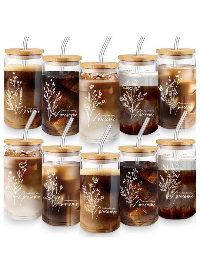 Blushtier Employee Appreciation Gifts for Women Bulk Boho Flower Sign 16 oz Glass Cups with Lids Straws for Graduation Students Teacher Volunteer Nurse(Classic Color,20 Pcs) - Image 1