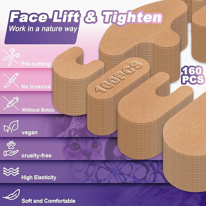 Sfuchin Wrinkle Patches Sfuchin 160 PCS Pre Cut Face Tape for Wrinkles Kinesiology Tape for Face Wrinkles High Elastic V Line Tape Forehead 11 Frown Eye Lip Chin Neck Chest Face Lift Tape - Image 4
