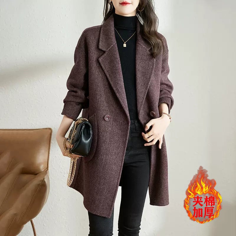 G Woolen Coat Women'S 2025 Korean Style Elegant Thickened Mid-Length Herringbone Woolen Coat Coat - Image 1