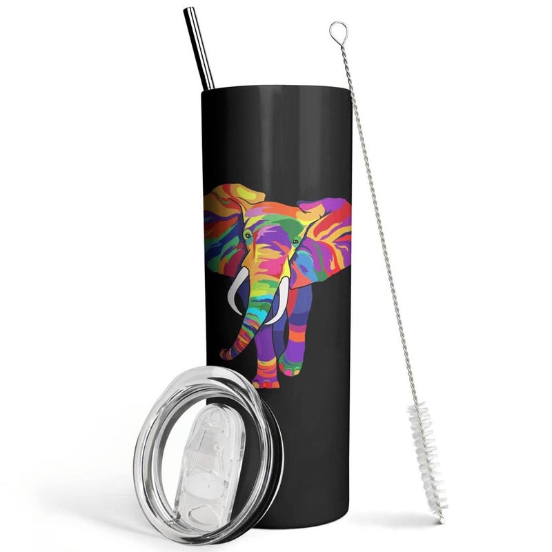 Colorful Elephant Cup with Lid and Straw Skinny 20oz Thermal Insulated Water Bottle and Coffee Mug Boho Decor Gifts for Women and Men