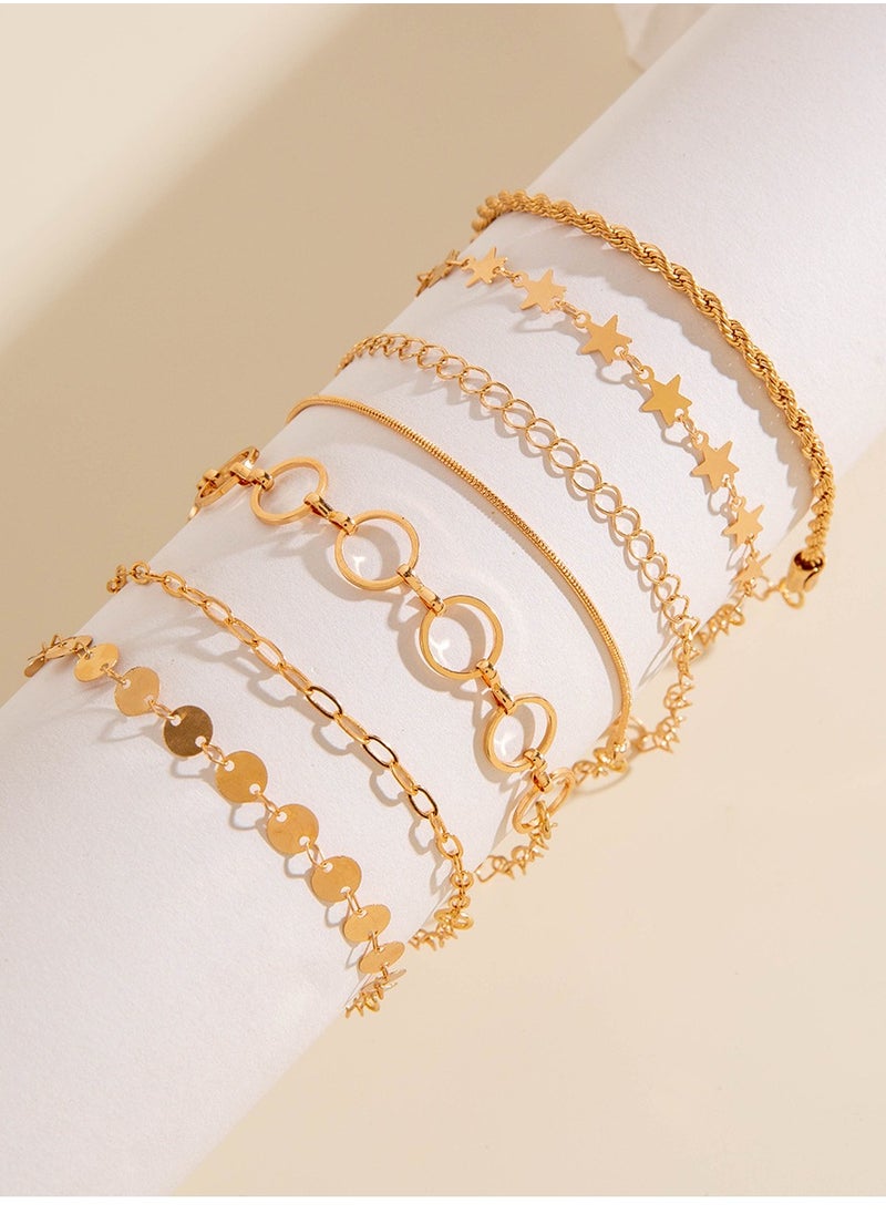 Generic 7-piece set of fashionable and versatile two-handed gold bracelets 