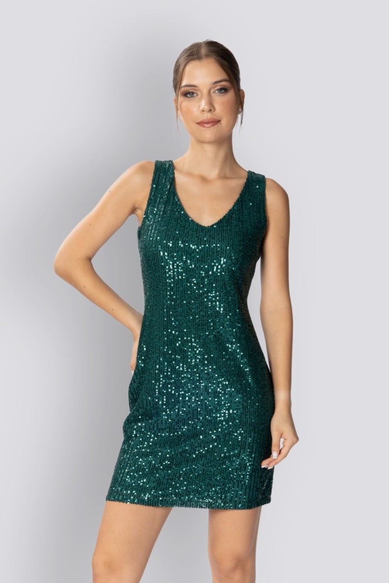 HOX'S Candice | Sequined Mini Slim Dress V Neck Sleeveless Backless - Emerald Green  - Image 1