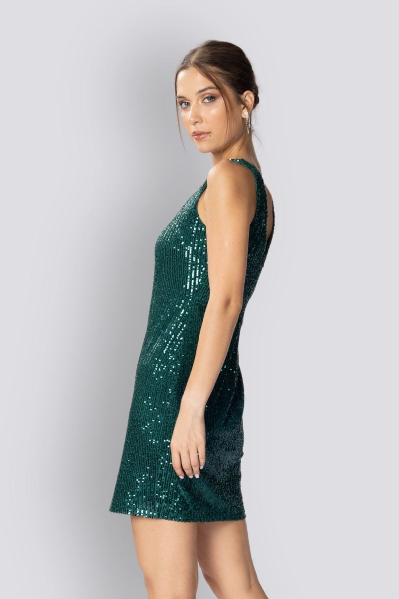HOX'S Candice | Sequined Mini Slim Dress V Neck Sleeveless Backless - Emerald Green  - Image 4