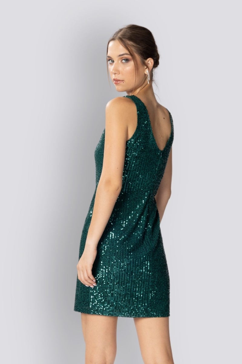 HOX'S Candice | Sequined Mini Slim Dress V Neck Sleeveless Backless - Emerald Green  - Image 5