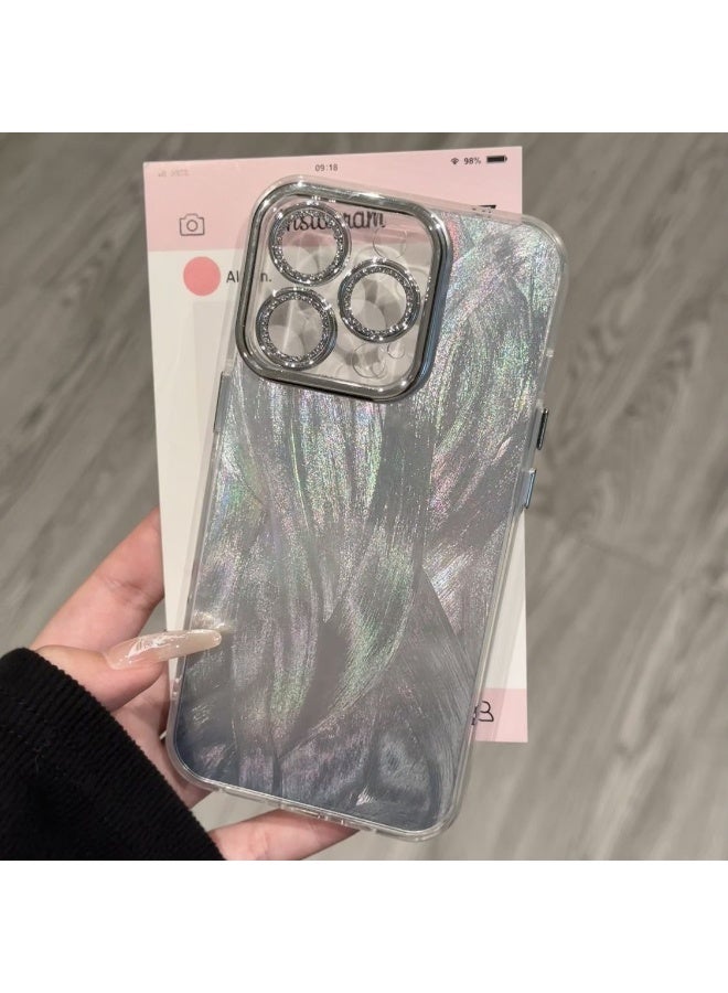 NIBEMINENT Flash Powder Feather Yarn Shell Protective TPU Case Cover For iPhone 17 Pro, Whitening