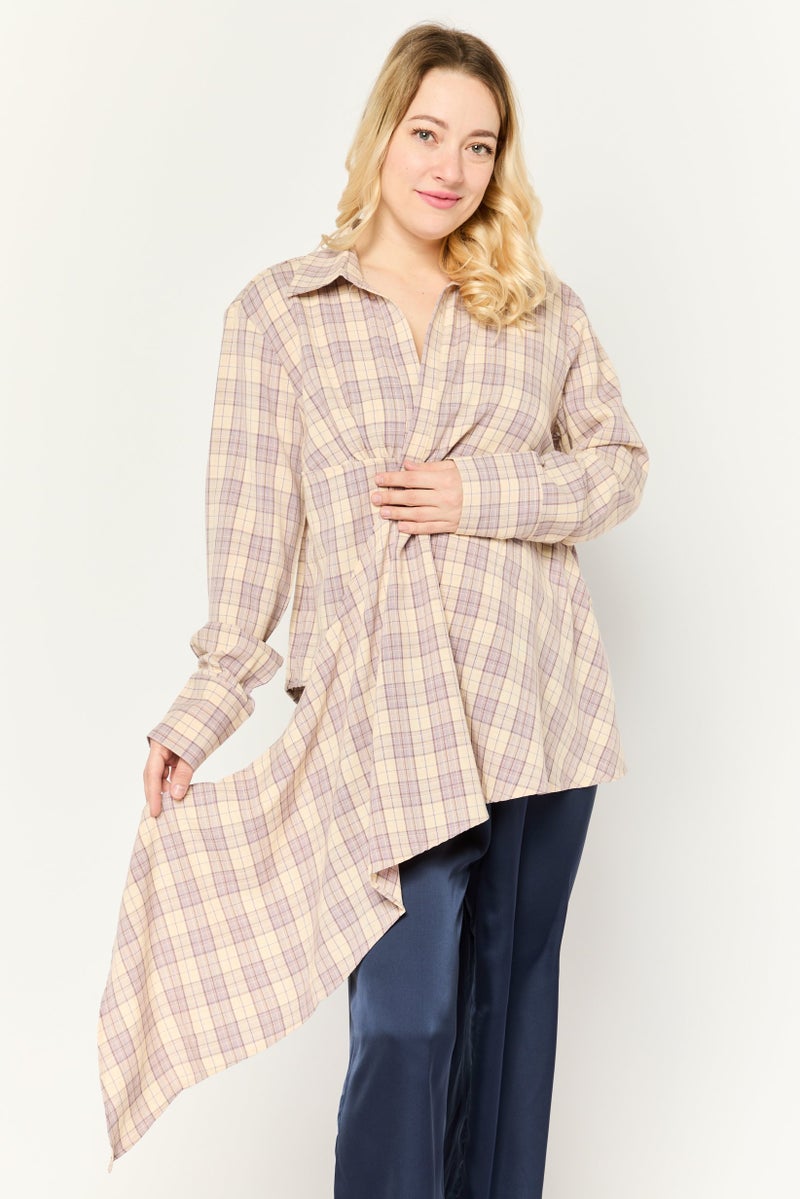 Missguided Women Tall Surplice Neck Long Sleeve Checkered Shirts, Beige - Image 1