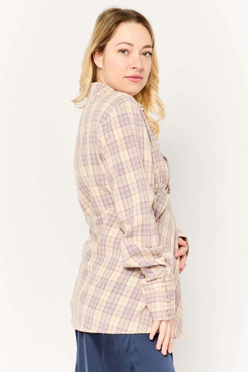 Missguided Women Tall Surplice Neck Long Sleeve Checkered Shirts, Beige - Image 3