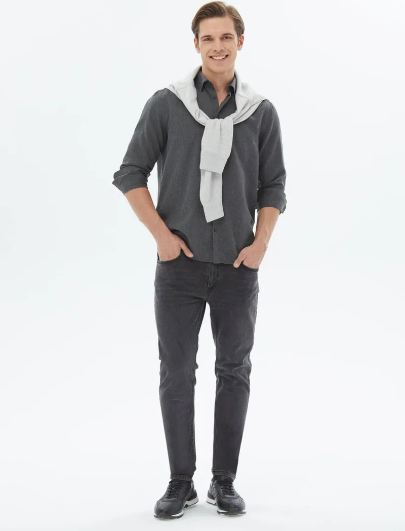 Kip Anthracite Plain Regular Fit Woven Casual Cotton Blend Shirt