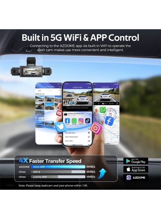 أزدوم كاميرا داش كام M350 (الجيل الأحدث من M660) رباعية القنوات بدقة 2K أمامي + 1K خلفي + 1K+1K داخلي، تدعم Apple Find My، مزودة بمكثف فائق، مستشعر تصوير متطور، GPS، واي فاي 5G، تحكم صوتي، ومراقبة مواقف 24 ساعة - Image 4