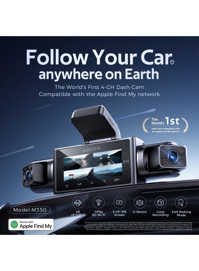 أزدوم كاميرا داش كام M350 (الجيل الأحدث من M660) رباعية القنوات بدقة 2K أمامي + 1K خلفي + 1K+1K داخلي، تدعم Apple Find My، مزودة بمكثف فائق، مستشعر تصوير متطور، GPS، واي فاي 5G، تحكم صوتي، ومراقبة مواقف 24 ساعة - Image 2