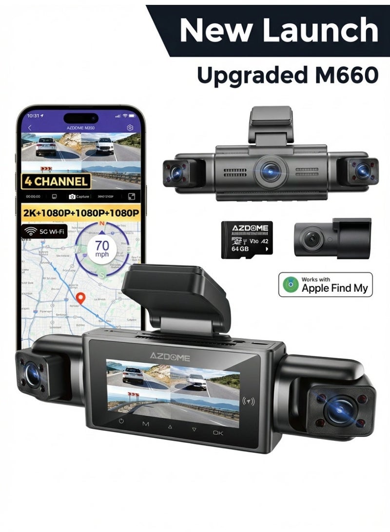 أزدوم كاميرا داش كام M350 (الجيل الأحدث من M660) رباعية القنوات بدقة 2K أمامي + 1K خلفي + 1K+1K داخلي، تدعم Apple Find My، مزودة بمكثف فائق، مستشعر تصوير متطور، GPS، واي فاي 5G، تحكم صوتي، ومراقبة مواقف 24 ساعة - Image 1