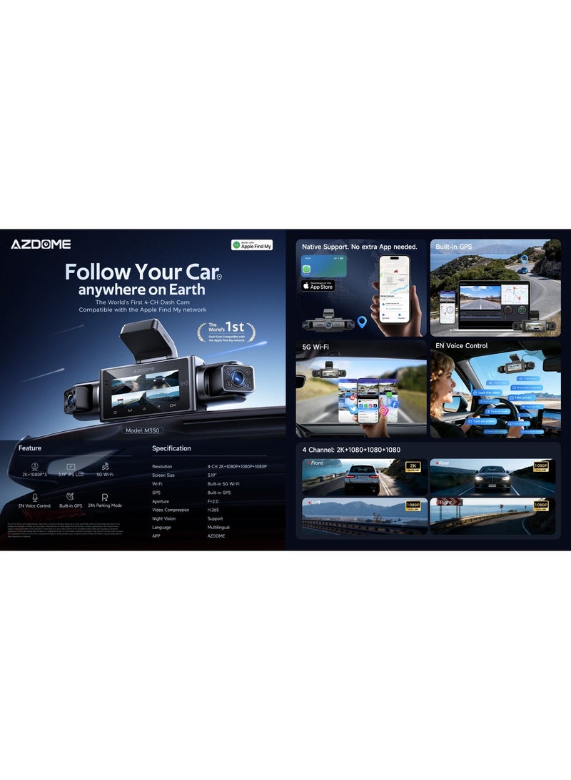 أزدوم كاميرا داش كام M350 (الجيل الأحدث من M660) رباعية القنوات بدقة 2K أمامي + 1K خلفي + 1K+1K داخلي، تدعم Apple Find My، مزودة بمكثف فائق، مستشعر تصوير متطور، GPS، واي فاي 5G، تحكم صوتي، ومراقبة مواقف 24 ساعة - Image 3